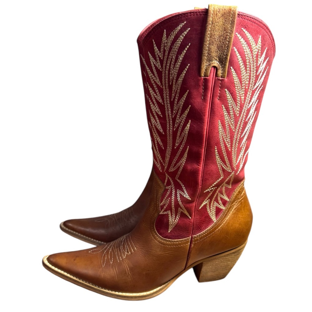 Penny Loves Kenny Two-Tone Brown and Red Western Heeled Boots